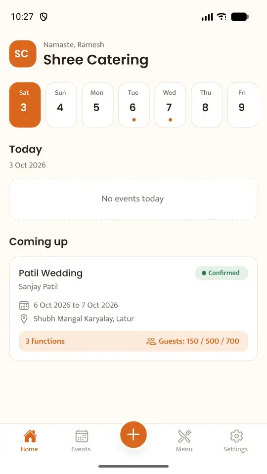 AnnaSutra home screen greeting the owner and listing the events coming up.