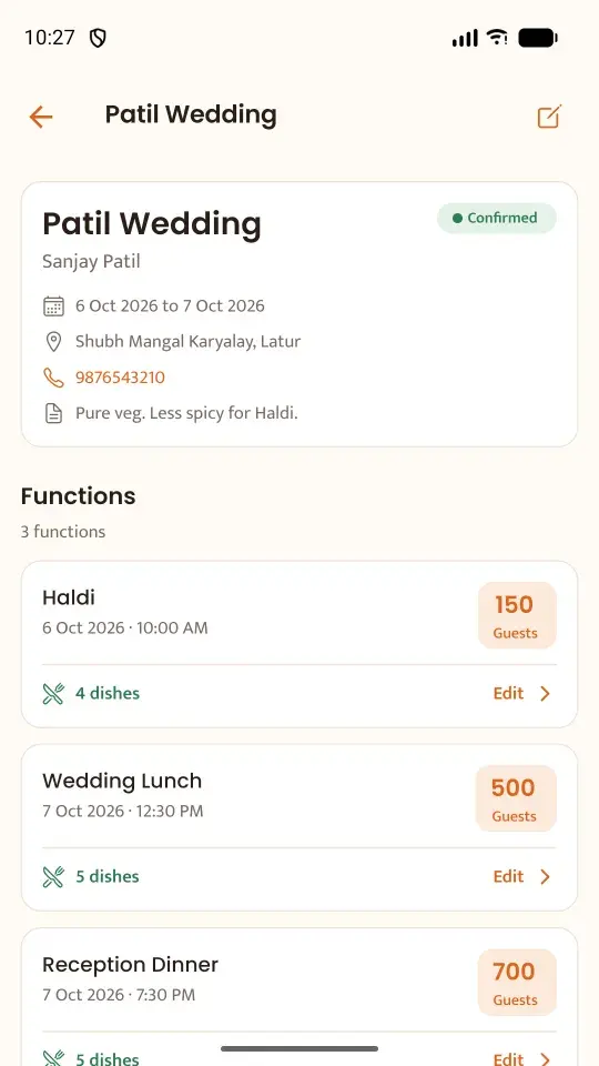 An event in AnnaSutra with its customer, venue, dates and the functions planned inside it.