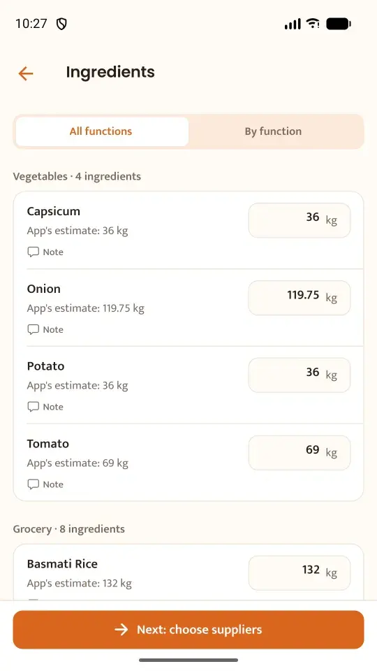 Ingredient totals for an event, each showing the app's estimate and an editable order quantity.