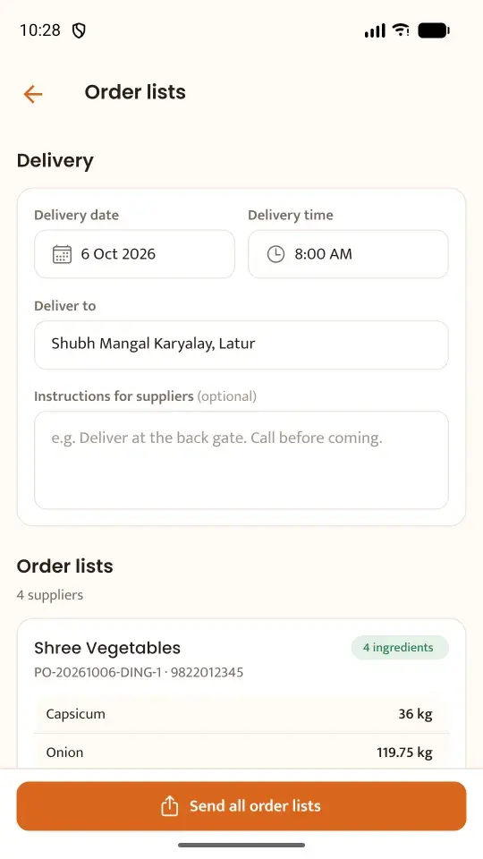 Order lists screen with delivery details and one purchase order for each supplier, ready to send.