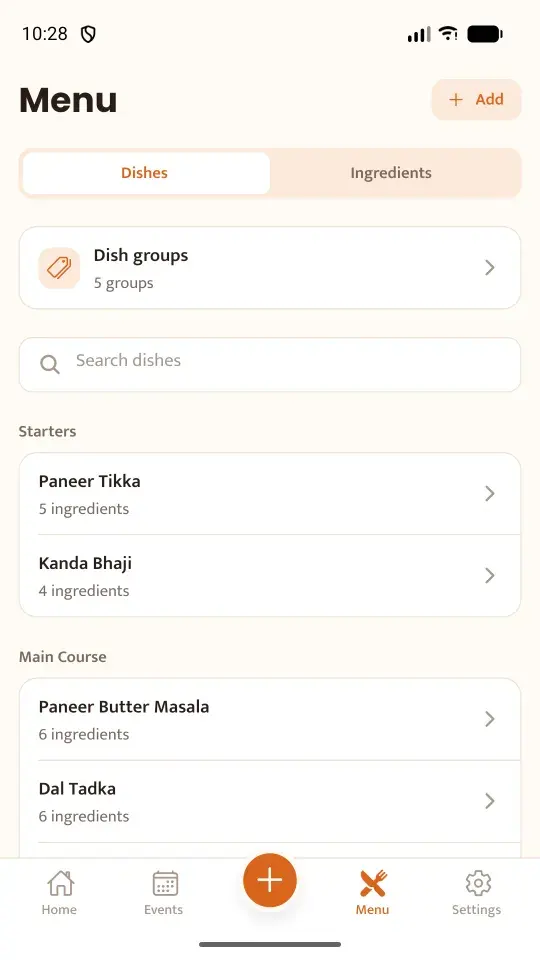 The menu screen in AnnaSutra with dishes grouped into starters, main course, breads, rice and sweets.