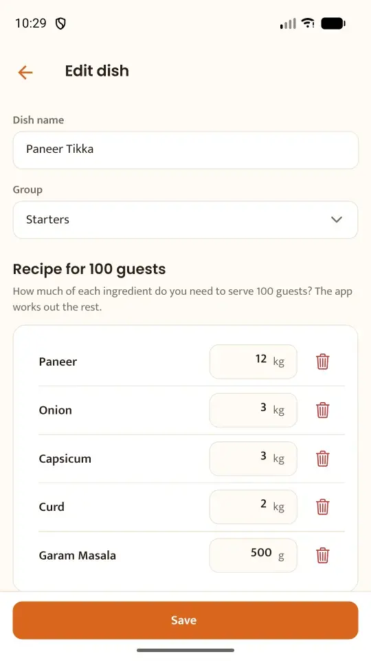 A dish recipe in AnnaSutra listing the ingredient quantities needed for 100 guests.